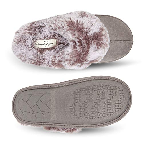 Jessica Simpson Women's Comfy Faux Fur House Slipper Scuff Memory Foam Slip on Anti-Skid Sole, Grey, Small