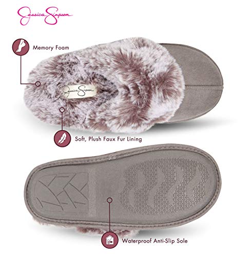 Jessica Simpson Women's Comfy Faux Fur House Slipper Scuff Memory Foam Slip on Anti-Skid Sole, Grey, Small