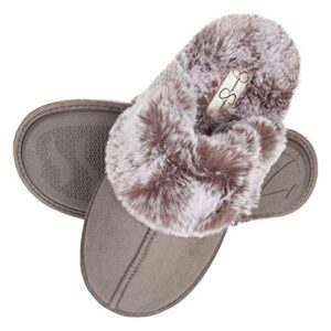 Jessica Simpson Women's Comfy Faux Fur House Slipper Scuff Memory Foam Slip on Anti-Skid Sole, Grey, Small