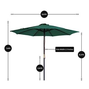 SUNNYARD 9Ft Wooden Patio Umbrella Wooden Market Umbrella with Pulley Lift for Garden Yard Deck Pool Market,Green