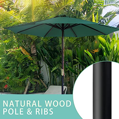 SUNNYARD 9Ft Wooden Patio Umbrella Wooden Market Umbrella with Pulley Lift for Garden Yard Deck Pool Market,Green