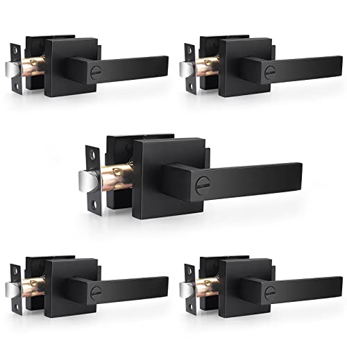 Probrico Heavy Duty Flat Black Square Privacy Interior Door Levers Bedroom and Bathroom Door Handles Keyless Bed/Bath Lockset (5 Pack)