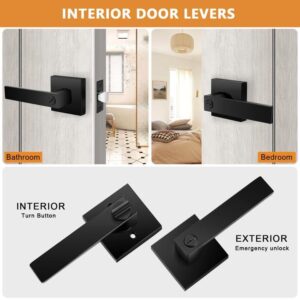 Probrico Heavy Duty Flat Black Square Privacy Interior Door Levers Bedroom and Bathroom Door Handles Keyless Bed/Bath Lockset (5 Pack)