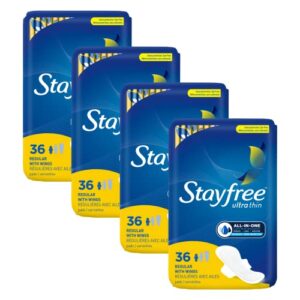 stayfree ultra thin regular pads with wings for women, reliable protection and absorbency of feminine moisture, leaks and periods, 36 count - pack of 4