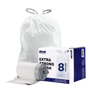 plasticplace 8 gallon trash bags │ 0.7 mil │ white drawstring garbage can liners │ 22" x 22" (100 count)