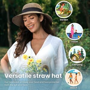 Verabella Sun Hat Womens Wide Brimed Floppy Hat Women's Hats UPF 50+ Foldable/Packable Straw Sun Beach Hat Pool Hat Straw Hat Women for Vacation, Beige/Coffee