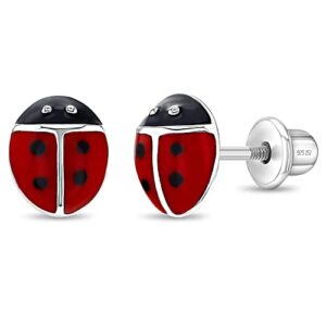 925 sterling silver children's 7mm enamel red ladybug screw back locking earrings, excellent for toddlers & young girls- laby bug lover kids