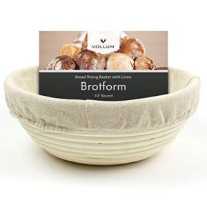 vollum bread proofing basket banneton baking supplies for beginners & professional bakers, handwoven rattan cane bread maker with linen for artisan breads, 10 x 4.25 inch, 2-pound round brotform