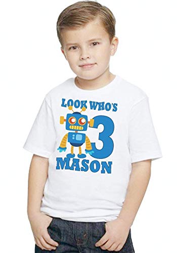 Cute Robot Birthday T Shirt Look Who's Boys Personalized Tee Toddler and Youth Custom Look Whos Name Age Gift