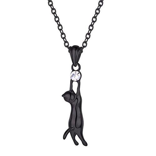 U7 Black Cat Necklace with Rhinestone Black Color Kitten Animal Pendant for Women Teen Girls