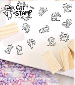 youkwer 12 pcs mini cute wooden rubber stamps set for letters,diary craft,scrapbooking in matchbox（vintage lovely cat）