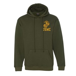 emarine px eagle globe and anchor w/usmc hooded sweatshirt military green. made in usa. officially licensed with the united states marine corps