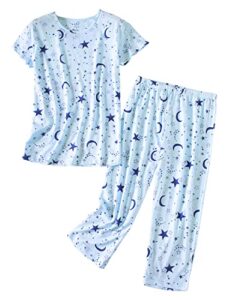 pnaeong women’s pajama set - cotton-blend short-sleeve loose top with matching capri bottoms sy215-blue star-xl