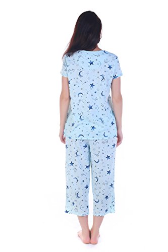 PNAEONG Women’s Pajama Set - Cotton-Blend Short-Sleeve Loose Top with Matching Capri Bottoms SY215-Blue Star-XL