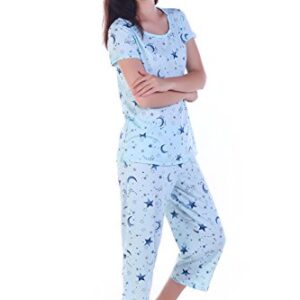 PNAEONG Women’s Pajama Set - Cotton-Blend Short-Sleeve Loose Top with Matching Capri Bottoms SY215-Blue Star-XL