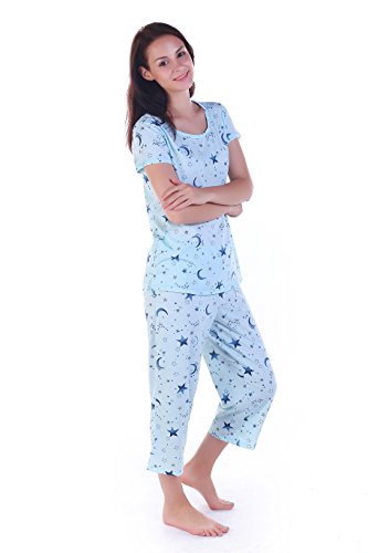 PNAEONG Women’s Pajama Set - Cotton-Blend Short-Sleeve Loose Top with Matching Capri Bottoms SY215-Blue Star-XL