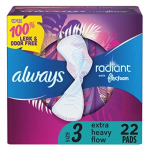 always radiant feminine pads for women, size 3 extra heavy flow absorbency, with flexfoam, with wings, scented, 22 count