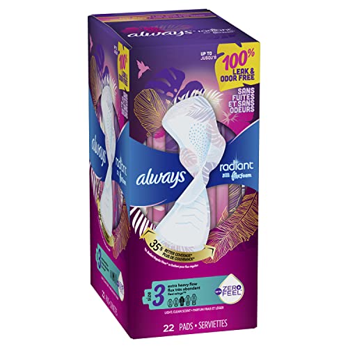 Always Radiant Feminine Pads For Women, Size 3 Extra Heavy Flow Absorbency, With Flexfoam, With Wings, Scented, 22 Count