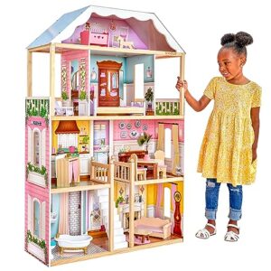 kidkraft charlotte classic wooden dollhouse with ez kraft assembly™, 14-piece accessory set, for 12-inch dolls, gift for ages 3+