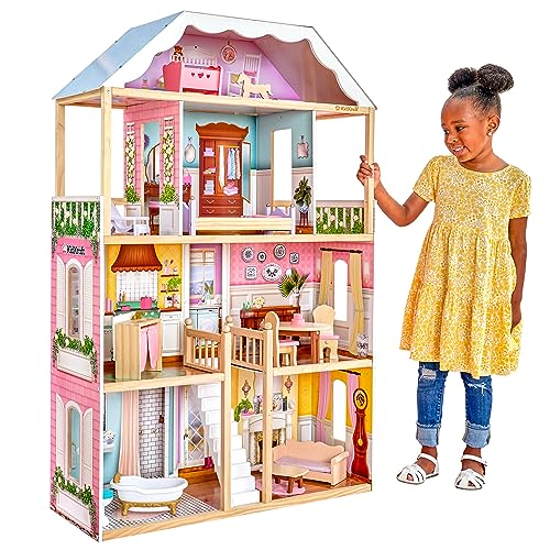 KidKraft Charlotte Classic Wooden Dollhouse with EZ Kraft Assembly™, 14-Piece Accessory Set, for 12-Inch Dolls, Gift for Ages 3+