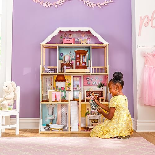 KidKraft Charlotte Classic Wooden Dollhouse with EZ Kraft Assembly™, 14-Piece Accessory Set, for 12-Inch Dolls, Gift for Ages 3+