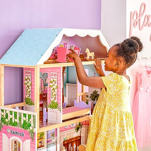 KidKraft Charlotte Classic Wooden Dollhouse with EZ Kraft Assembly™, 14-Piece Accessory Set, for 12-Inch Dolls, Gift for Ages 3+