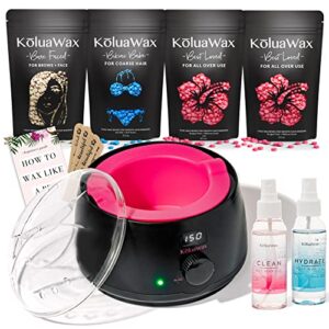 koluawax premium waxing kit for women - hot melt wax warmer for hair removal, eyebrow, bikini, legs, face, brazilian wax & more - machine + 4-pack hard wax beads + accessories, black