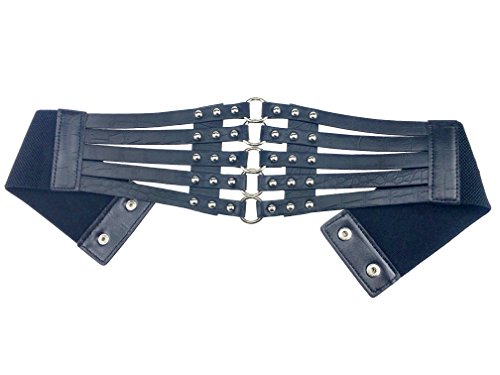 Fashion Women's PU Leather Wide Waist Belt Hollow Out Rivets Stretch Cinch Waistband, Black, Small(27''-29'')