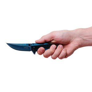 Kershaw Outright Pocketknife (8320); 3-inch Upswept 8Cr13MoV Steel Blade in Brilliant Blue; PVD Coated Steel Handle with G10 Front Overlay; SpeedSafe Assisted Opening; Deep Carry Pocketclip; 4 oz., Medium