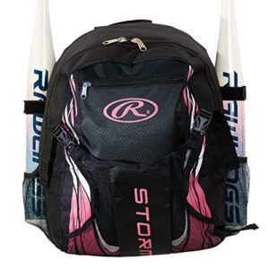 rawlings storm girls softball bag - sized for youth softball backpack for girls or tball bag – holds two bats – includes hook to hang on fence - black and pink