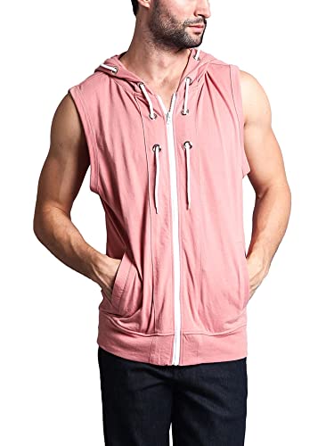 Victorious Men's Lightweight Athletic Casual Sleeveless Eyelet Drawstring Zipper Hoodie SL888 -Dirty Pink - 5X-Large - I8D