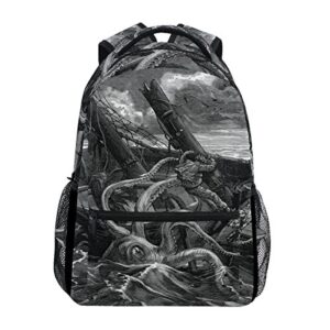 zzkko sea monster kraken black and white boys girls school computer backpacks book bag travel hiking camping daypack