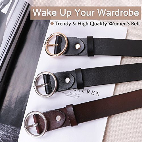 SUOSDEY Fashion Belts for Women Black Leather Belt for Jeans Dress Pants with Round Silver Buckle…