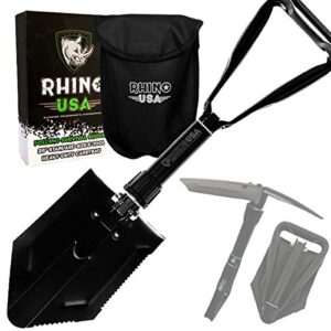 rhino usa folding survival shovel w/pick - heavy duty carbon steel military style entrenching tool for off road, camping, gardening, beach, digging dirt, sand, mud & snow.