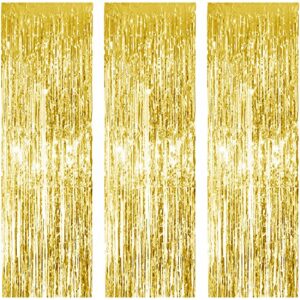 3 pack foil curtains metallic foil fringe curtain for birthday party photo backdrop wedding event decor (gold)