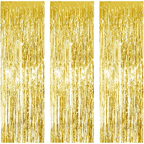 3 Pack Foil Curtains Metallic Foil Fringe Curtain for Birthday Party Photo Backdrop Wedding Event Decor (Gold)