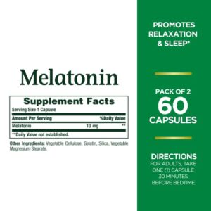 Nature's Bounty Melatonin, Promotes Relaxation and Sleep Health, 10mg, Capsules, 60 Ct (2 Pack)