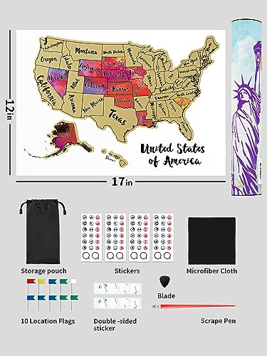 JARLINK Scratch Off USA Map Poster, 12x17 inches United States Map with Unique Accessories Set, Personalized Travel Poster, Gift for Travelers