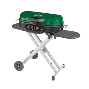 coleman roadtrip 285 portable stand-up propane grill, gas grill with 3 adjustable burners and instastart push-button ignition; grease tray, side tables, thermometer, folding legs & wheels included