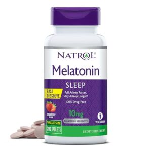 natrol melatonin fast dissolve tablets, help you fall asleep faster, stay asleep longer, easy to take, dissolve in mouth, strengthen immune system, maximum strength, strawberry flavor, 10mg, 200 count