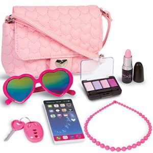 pixiecrush pretend play purse & makeup for girls - fun little girls purse with cosmetics toys set - pretend makeup, eyeshadow, cell phone, kids lipstick, sunglasses & keys
