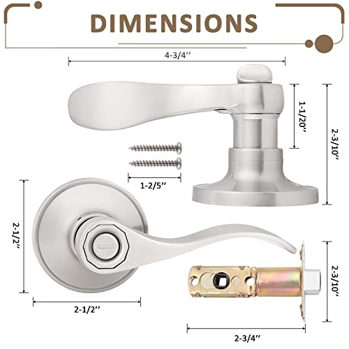 Probrico (6 Pack Privacy Door Lever[Thumb Turn Lock on The Inside],Locking Door Handle Set for Bedroom & Bathroom Doors,Keyless Satin Nickel Finish Wave Door Lock, Reversible Right & Left Side Handed