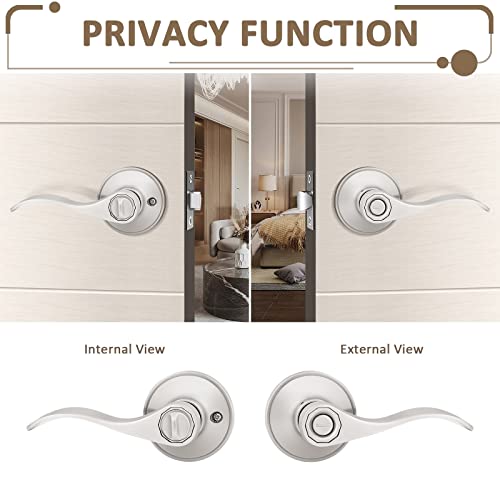 Probrico (6 Pack Privacy Door Lever[Thumb Turn Lock on The Inside],Locking Door Handle Set for Bedroom & Bathroom Doors,Keyless Satin Nickel Finish Wave Door Lock, Reversible Right & Left Side Handed