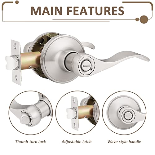 Probrico (6 Pack Privacy Door Lever[Thumb Turn Lock on The Inside],Locking Door Handle Set for Bedroom & Bathroom Doors,Keyless Satin Nickel Finish Wave Door Lock, Reversible Right & Left Side Handed