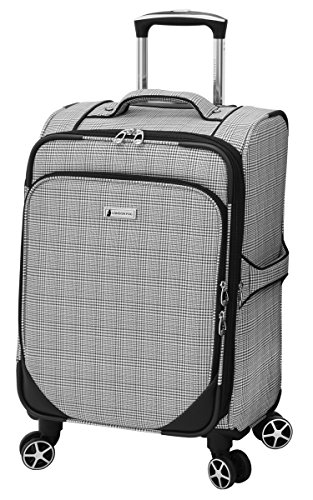 LONDON FOG Softside Spinner Luggage,Telescoping Handles, Black Menswear Plaid, Carry-On 20-Inch