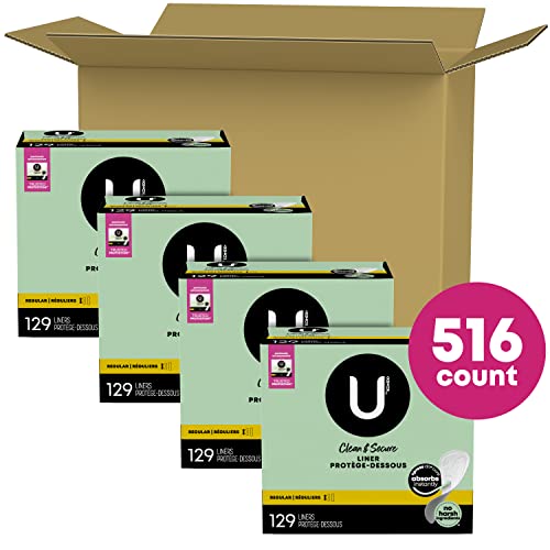 U by Kotex Clean & Secure Panty Liners, Light Absorbency, Regular Length, 516 Count (4 Packs of 129)