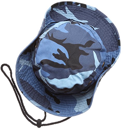 Summer Outdoor Boonie Hunting Fishing Safari Bucket Sun Hat with Adjustable Strap (Blue Sky Camo,LXL)