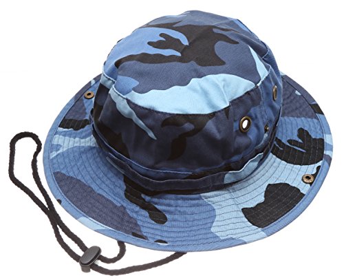 Summer Outdoor Boonie Hunting Fishing Safari Bucket Sun Hat with Adjustable Strap (Blue Sky Camo,LXL)