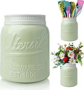 comfify wide mouth mason jar utensil holder decorative kitchenware organizer crock, chip resistant ceramic, dishwasher safe - kitchen caddy green, large size 7" high