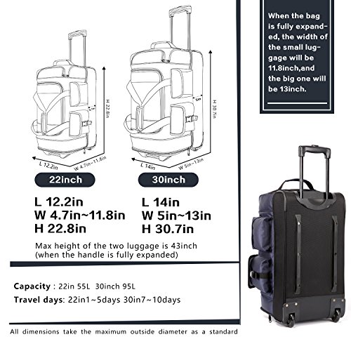 Coolife Rolling Duffel Travel Duffel Bag Wheeled Duffel Suitcase Luggage 8 Pockets 22in